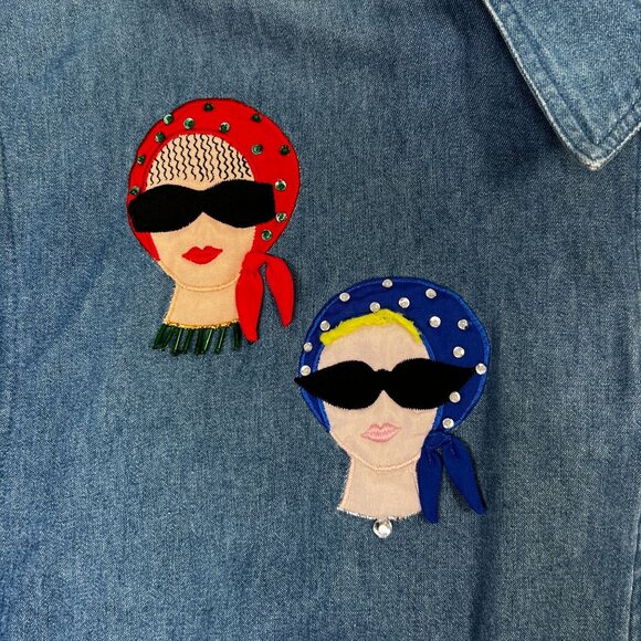 Vintage Denim Zip Up with Lady Appliqué CC Sportswear 80s Pin-Up 50s Retro Large - Picture 12 of 15